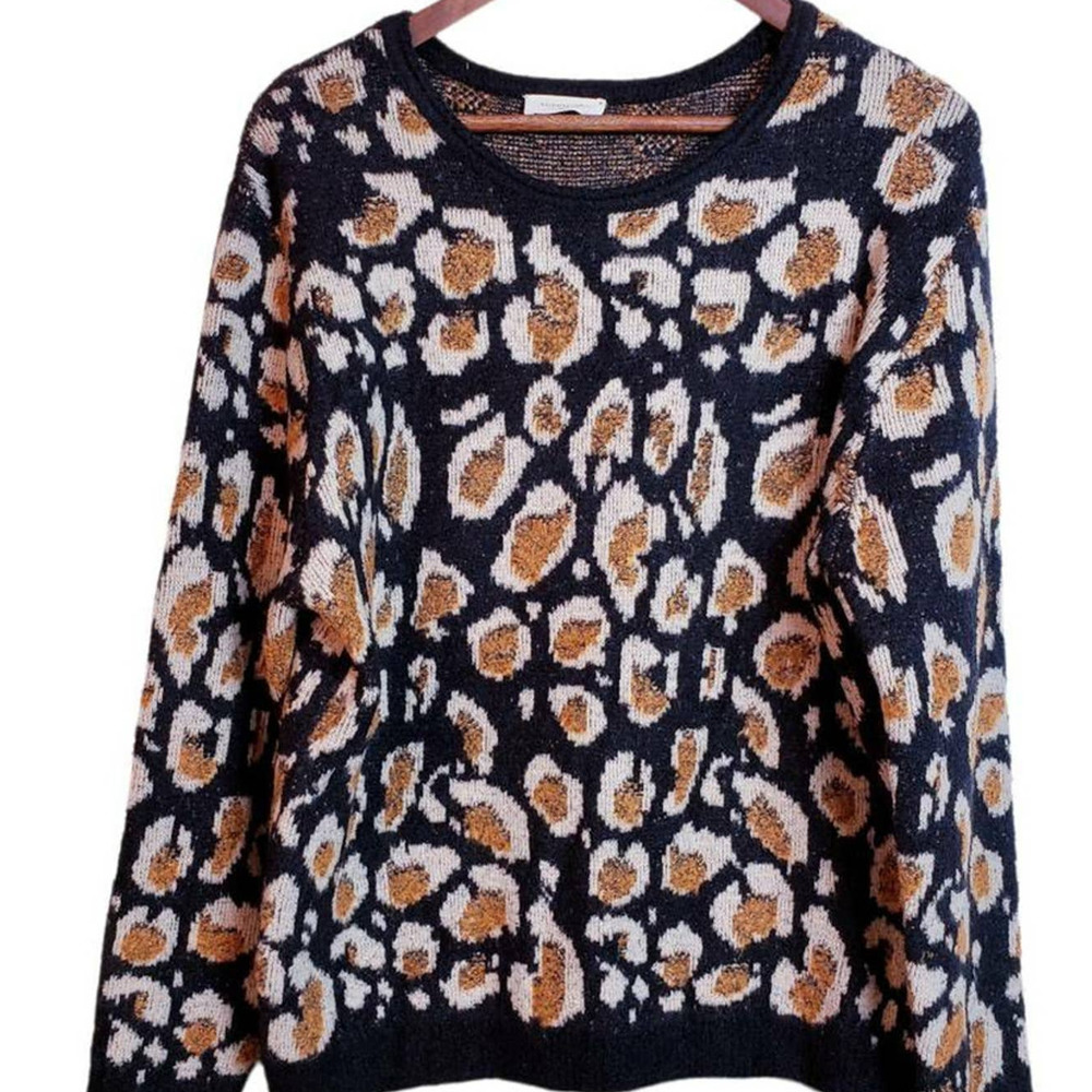 Sophie Rue Black Leopard Print Scoop Neck Sweater with Tan & Cream Spots